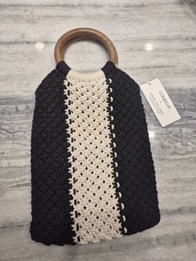 Curateur Black and Cream Crochet Tote with Wooden Handles